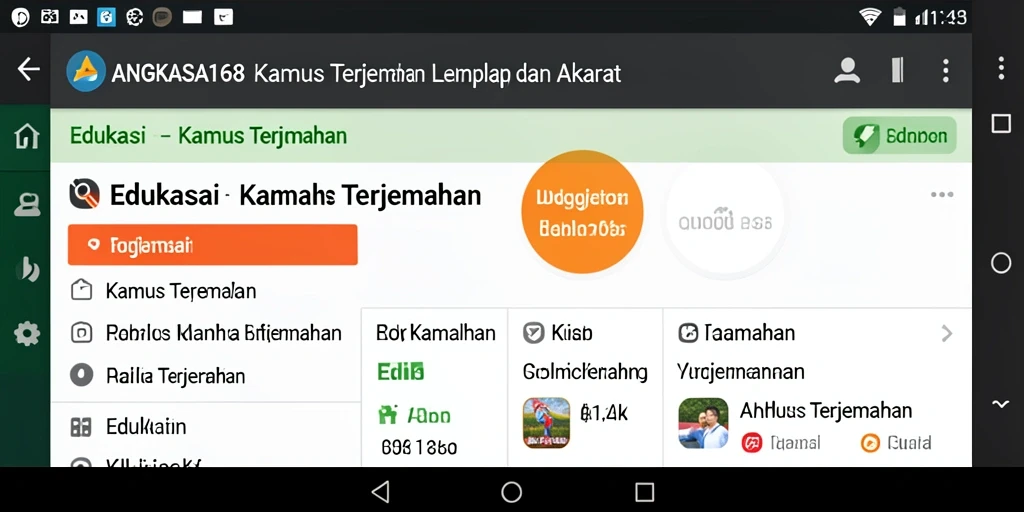 Antarmuka pengguna aplikasi Kamus Terjemahan ANGKASA168 yang modern.