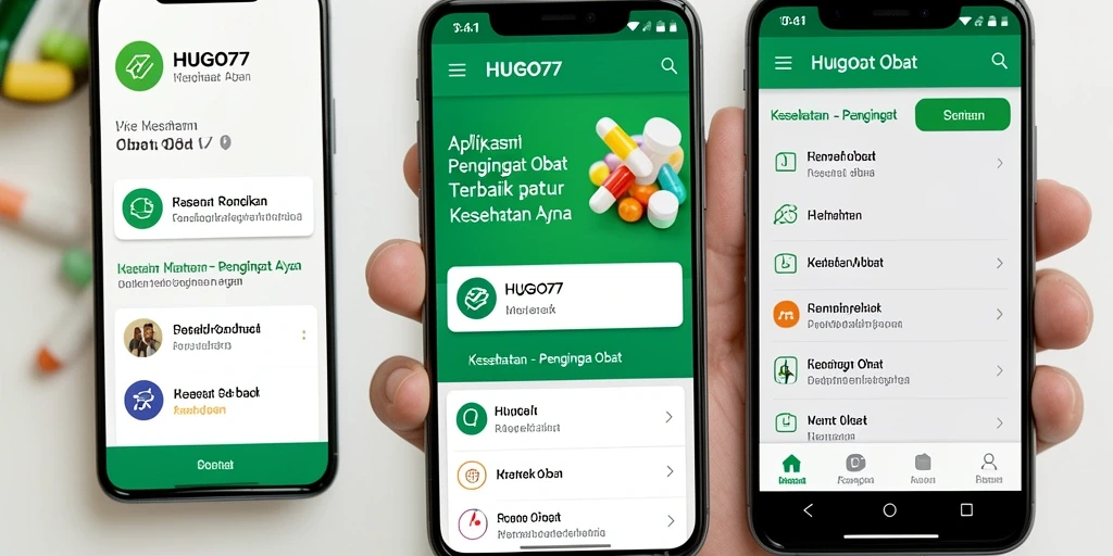Antarmuka HUGO77 dengan pengingat obat yang mudah digunakan.