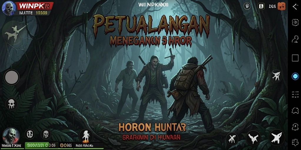 Antarmuka permainan WINPKR dengan suasana hutan angker.